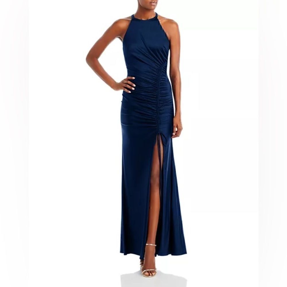 Aqua Sateen Ruched Long Halter Dress Blue New Size 8 New With The Tag